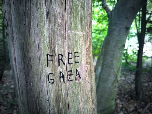 Blick auf einen Holzpfeiler, in dem tief eingeritzt steht "Free Gaza". Im Hintergrund, unscharf, Parkatmosphäre.
